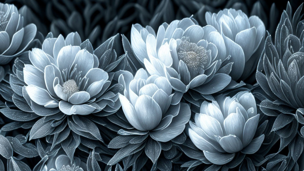 Monochromatic cluster of blossoming flowers in blue and gray.