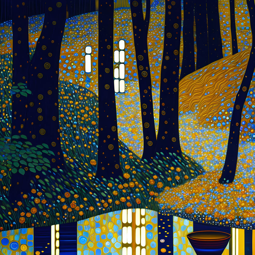 Vibrant forest scene with Van Gogh's "Starry Night" inspired patterns