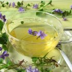 Tranquil still-life with sunlit tea cup, flower, glass bottle, and floral patterns