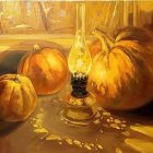 Colorful Pumpkin and Gourd Still Life on Wooden Table