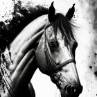 Monochromatic horse painting with black and yellow ink splatters