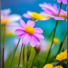 Colorful Flowers Painting: Purple, White, Yellow Petals on Blue-Green Background