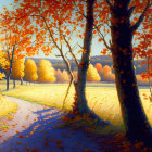 Whimsical autumn landscape with stylized trees and blue stream