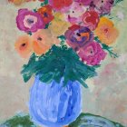 Colorful Floral Arrangement Painting with Blue Vase & Pastel Background