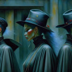 Three women in vintage attire with top hats and painted white faces pose by classical columns, creating a mysterious