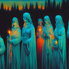 Mystical cloaked figures with candles in dark blue and green ambiance