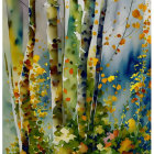 Birch Forest Painting with Yellow, Orange, and Green Leaves