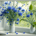 Vibrant blue and purple flowers in jars on windowsill