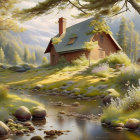 Tranquil rural cabins by stream in lush autumn setting