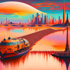 Futuristic vehicles in desert landscape with alien planet setting