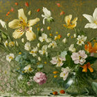 Colorful Flower Bouquet in Glass Jar Amid White Blossoms and Greenery