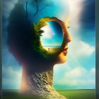 Human profile silhouette merged with a tree in artistic depiction