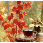 Golden teapot and cups in cozy autumn tea setting