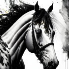 Monochromatic illustration of majestic horse with detailed bridle and floral elements