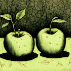 Stylized apple artwork with branches, leaves, and red fruits on greenish-yellow background