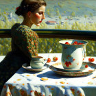 Pensive woman at elegantly set table with teacup and pastries