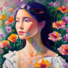 Portrait of Woman with Dark Hair, Floral Hairpiece, Traditional Attire, and Colorful Roses on