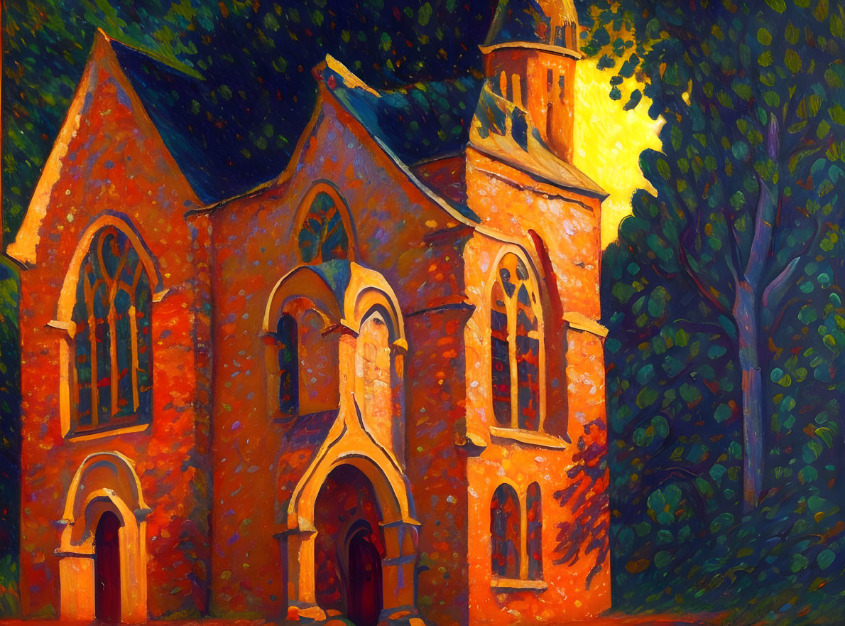 Red-brick church with tower in yellow light against dark trees at night