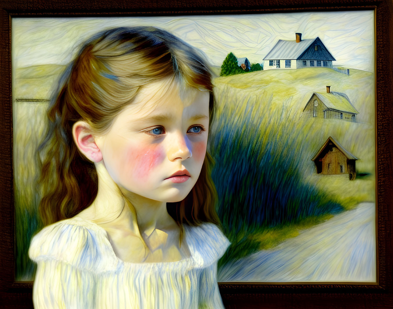 Young girl in pensive expression against rural backdrop