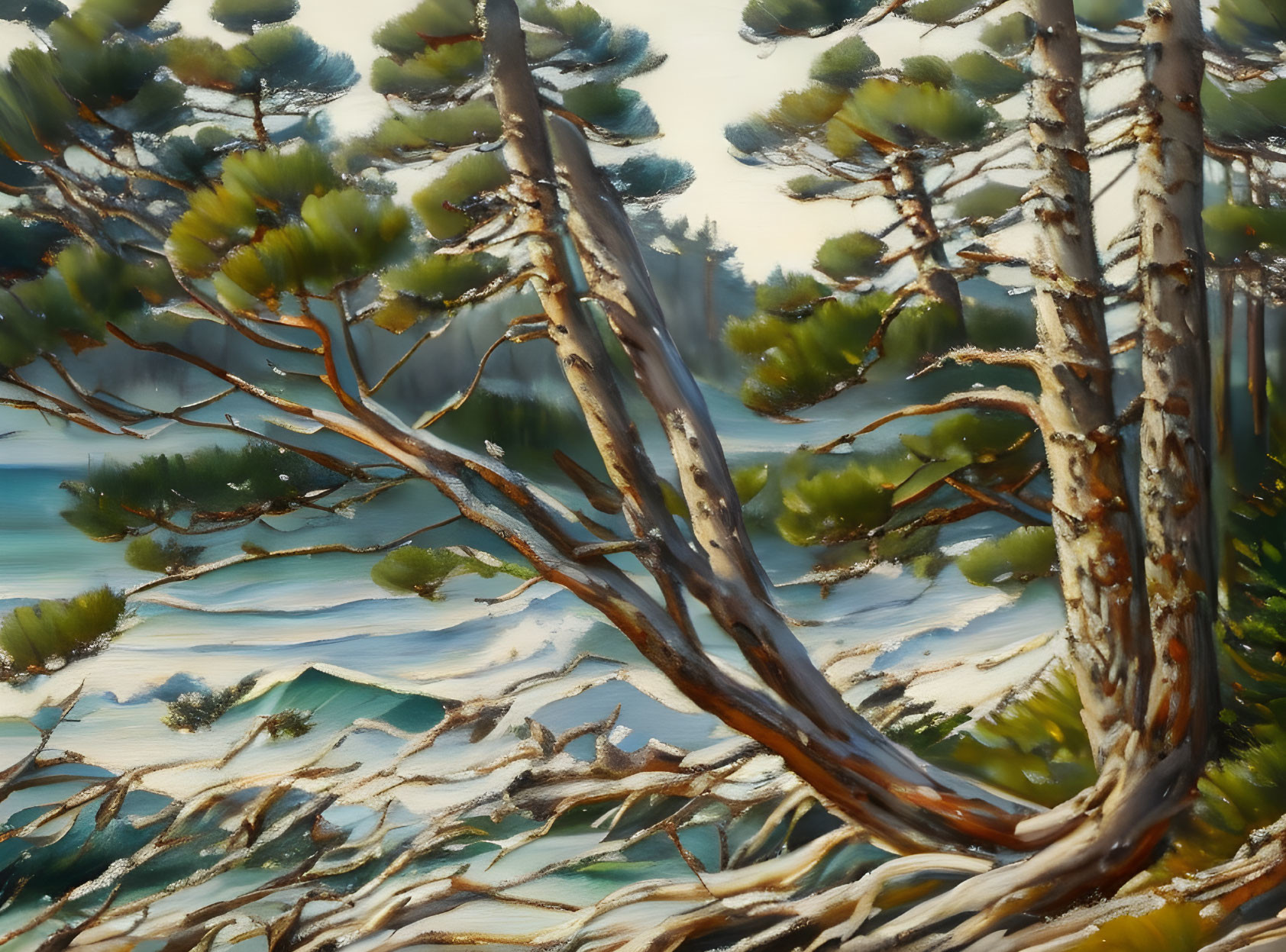 Tranquil landscape painting: twisted pine trees, blue lake, rolling hills