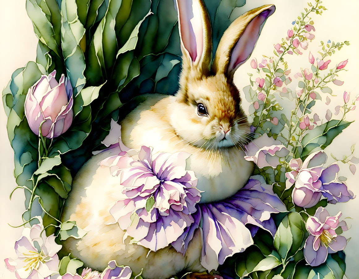 Colorful Illustration of Cute Bunny Among Flowers and Leaves