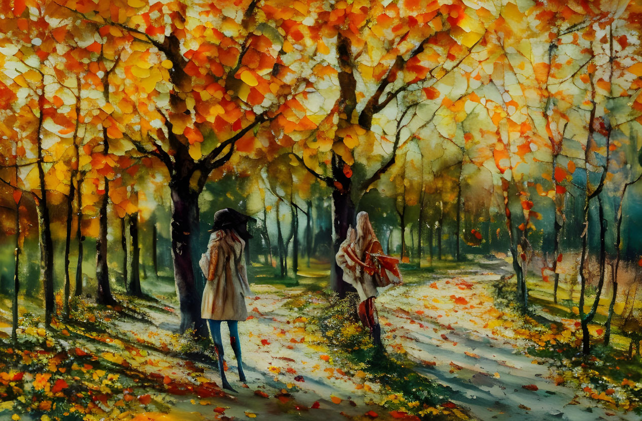 Autumnal forest scene with two individuals walking on leaf-strewn path