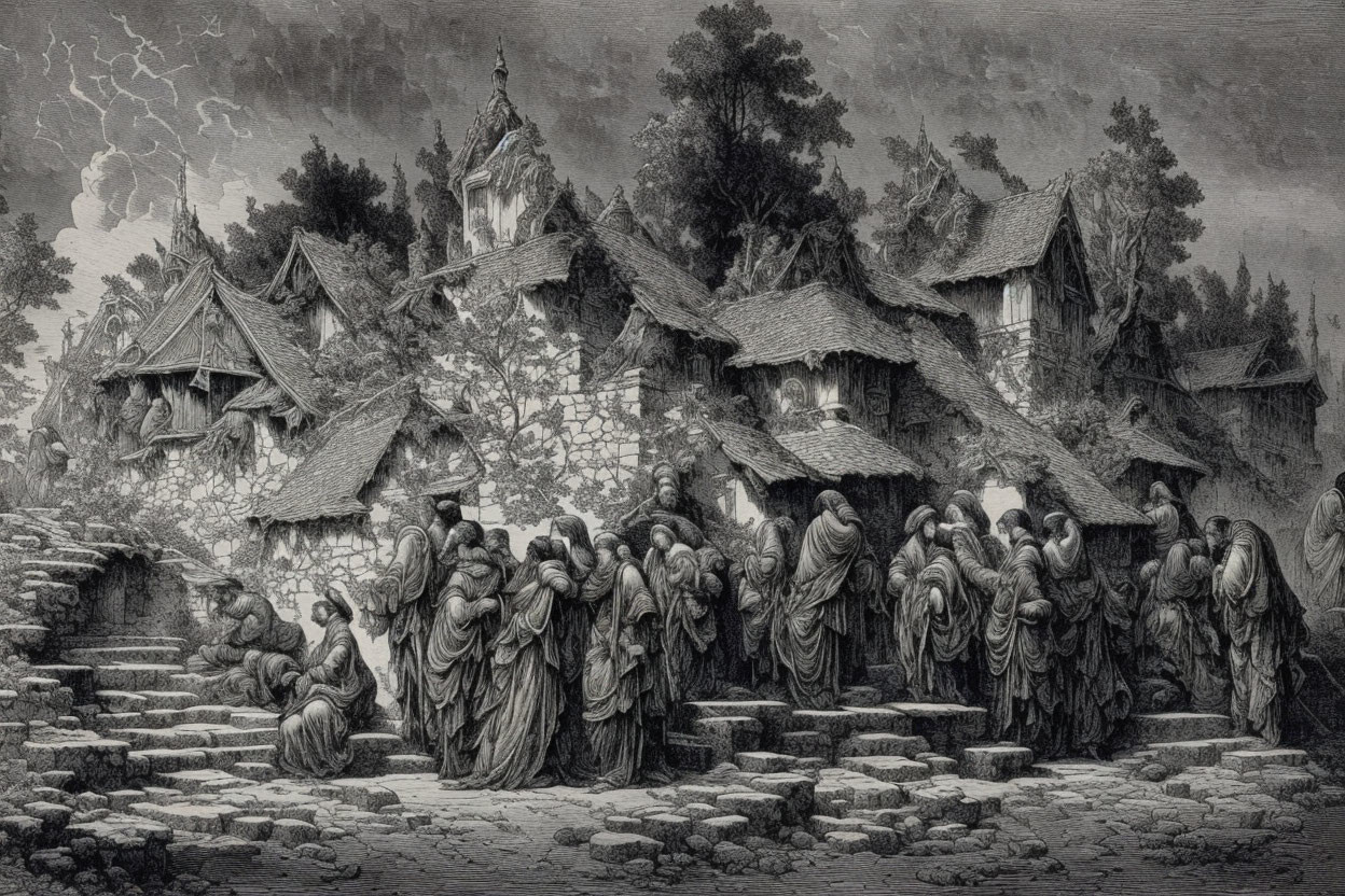 Medieval village illustration with cloaked figures around a well under stormy sky