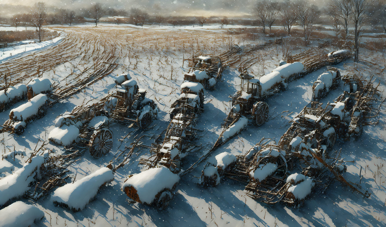 Winter Scene: Snowy Farmland with Tractors and Machinery