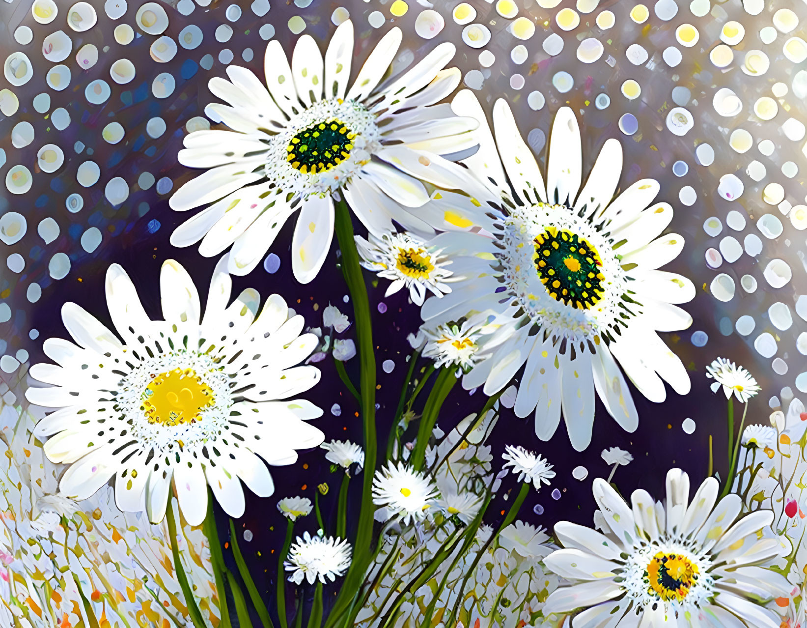 Colorful painting of white daisies on multicolored bokeh background