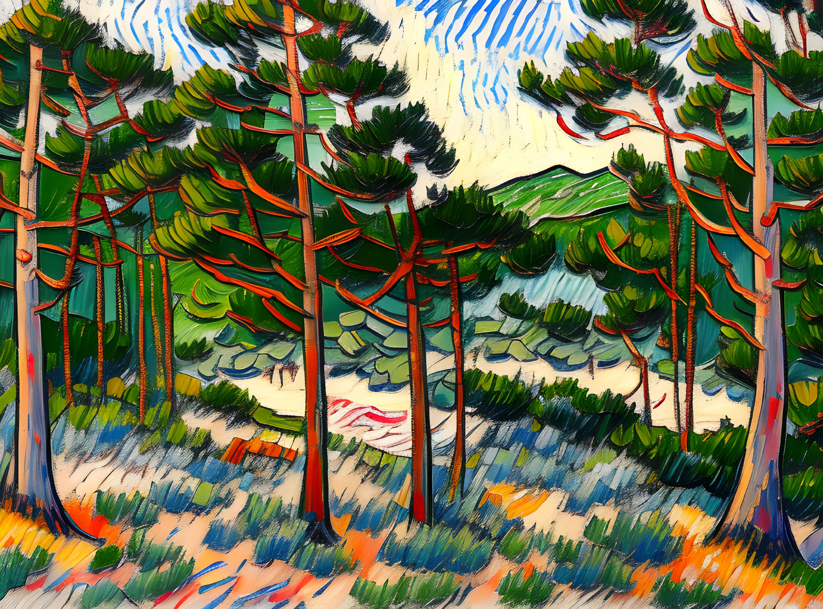 Colorful Pine Forest Painting with Bold Strokes and Vibrant Treetops