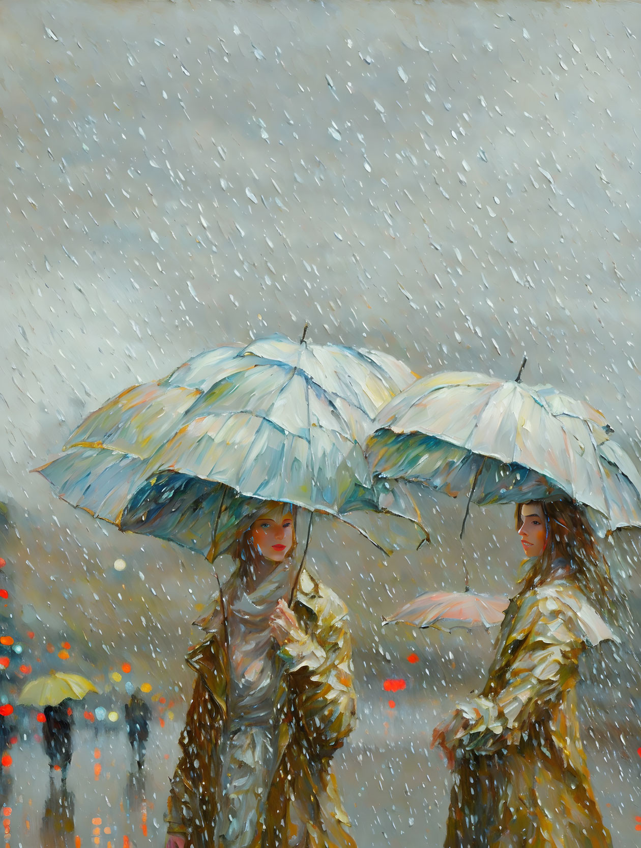 Two people walking in the rain under umbrellas amidst city lights.