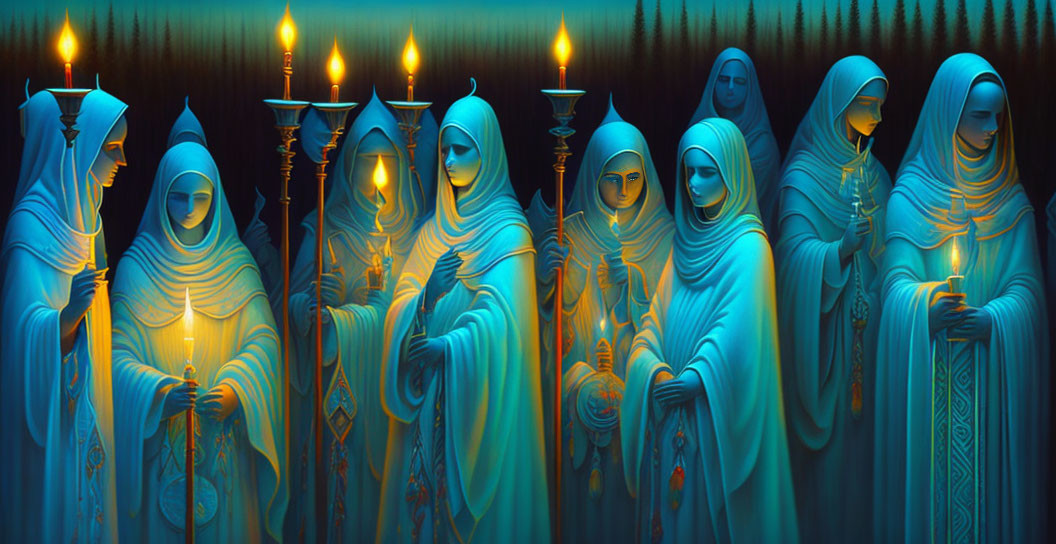 Mystical cloaked figures with candles in dark blue and green ambiance