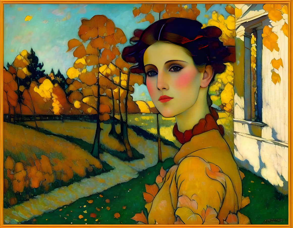 Art Nouveau style painting of woman in autumn scenery with yellow-orange leaves and white fence