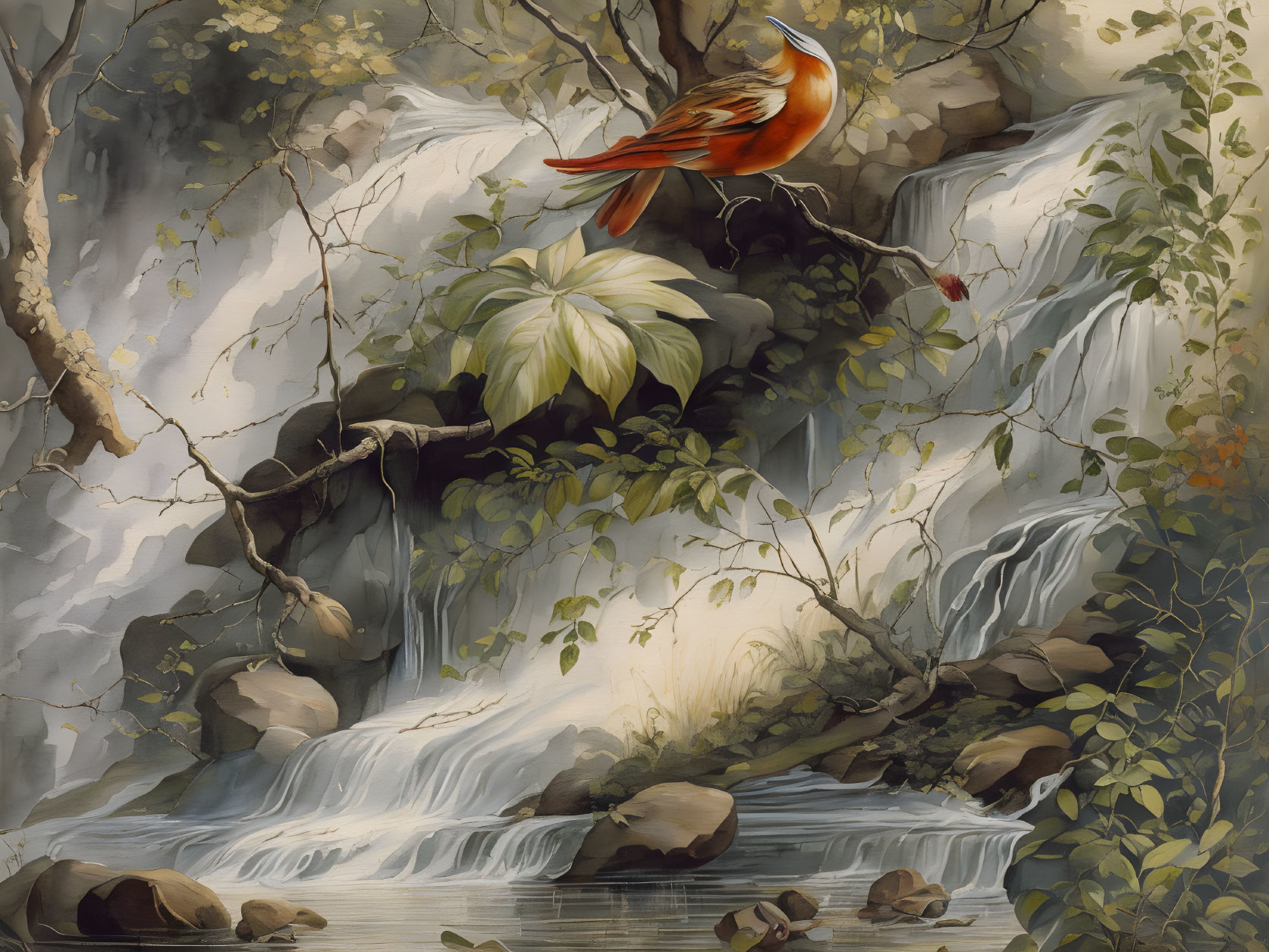 Colorful Bird Perched Near Waterfall in Lush Setting