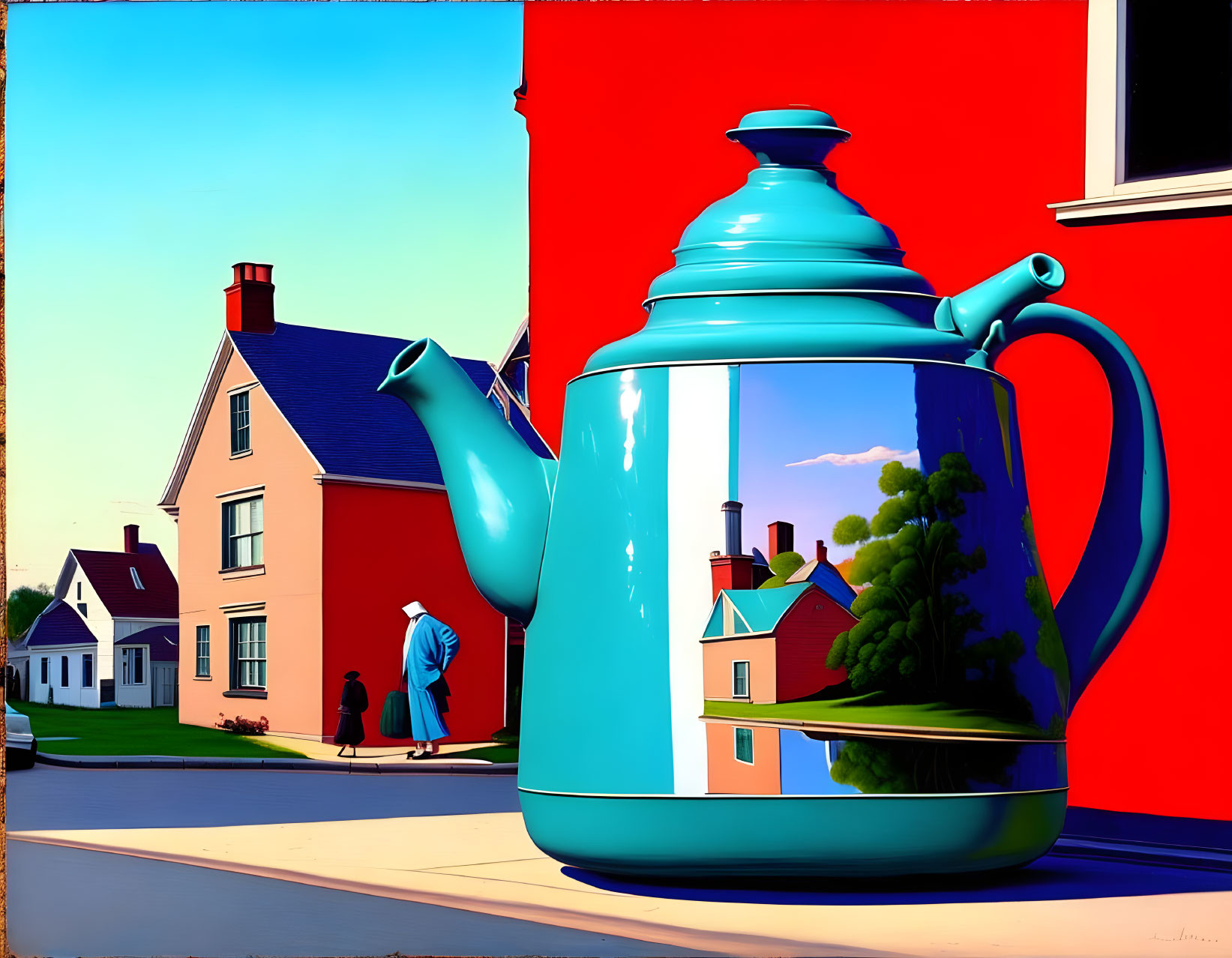 Colorful surreal painting: oversized blue teapot, red wall, reflective surface.