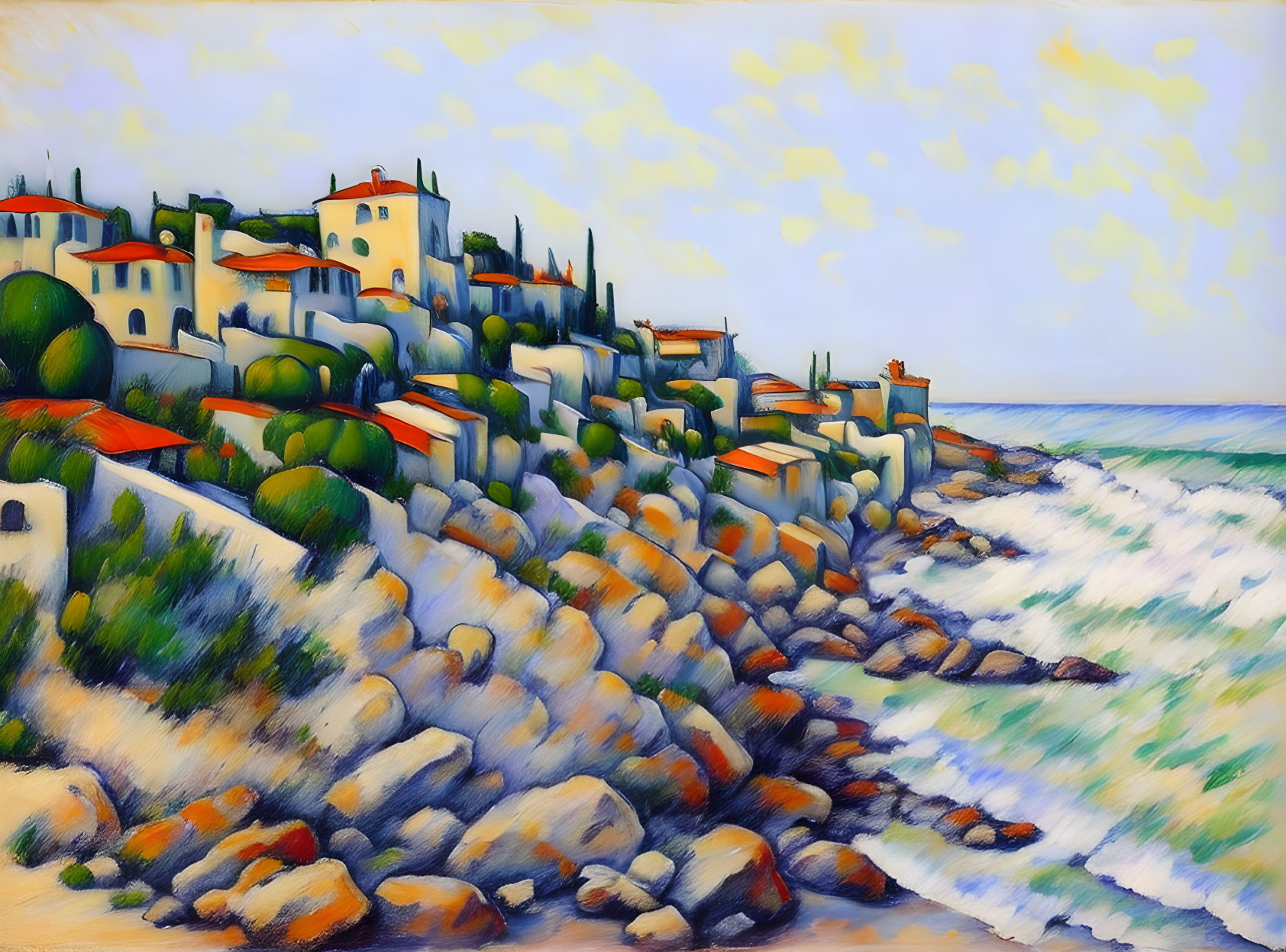 Vibrant painting of Mediterranean coastal village with rocky shoreline