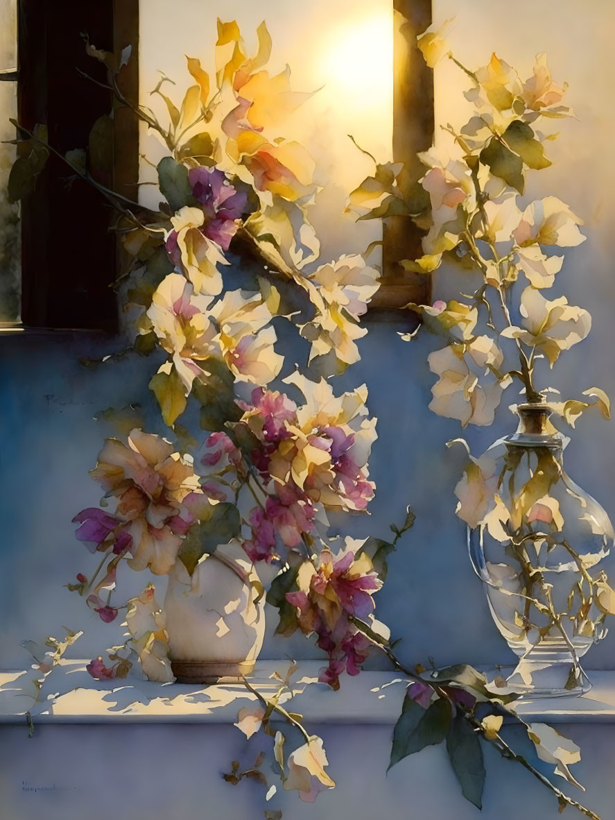 Vase with delicate flowers by open window in soft, warm light