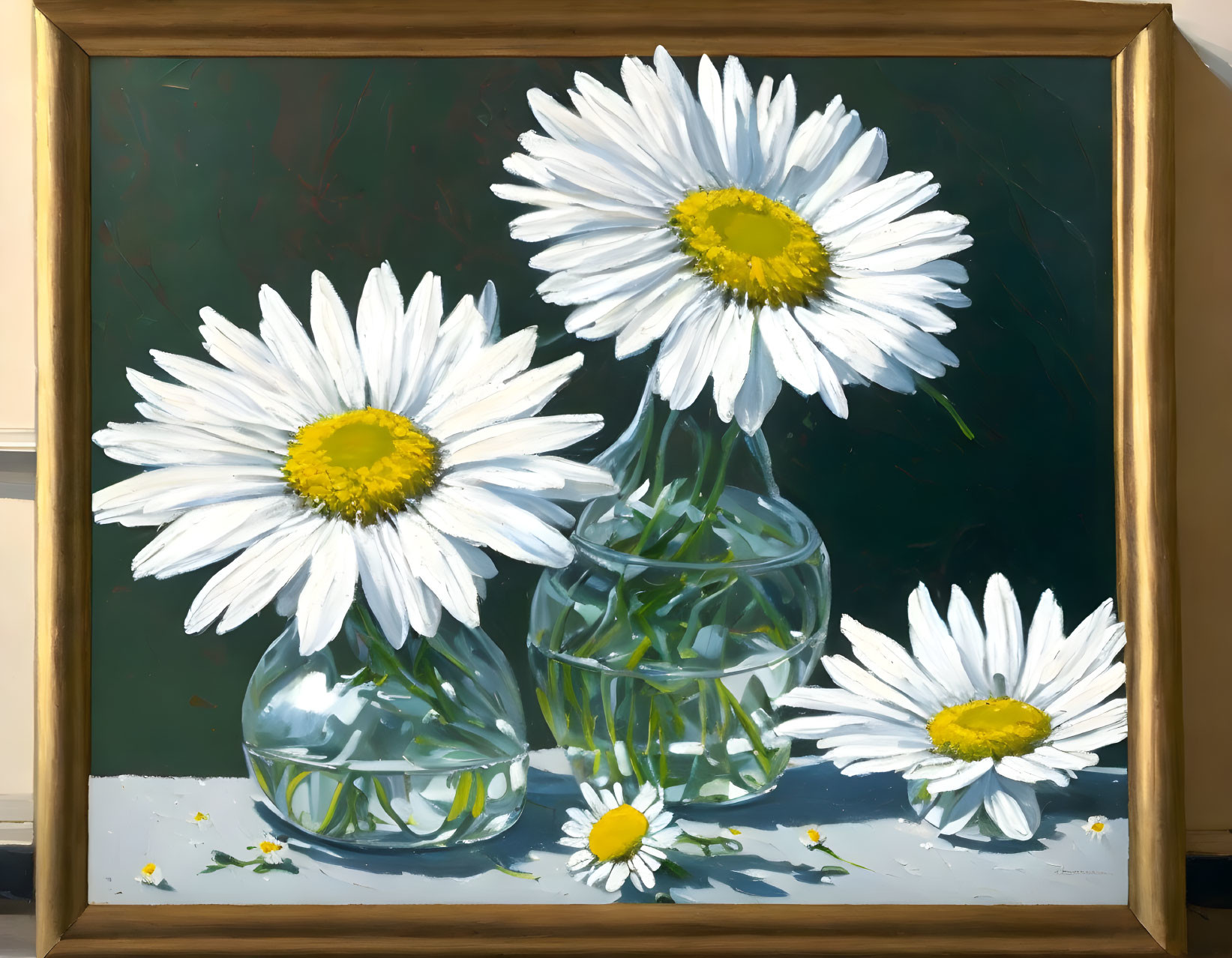 White Daisies in Glass Vases Against Dark Background