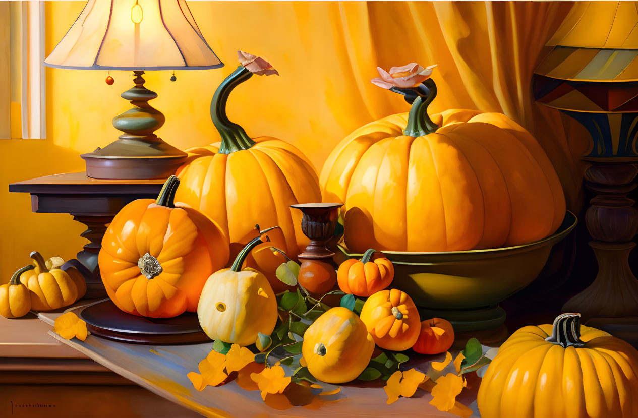 Colorful Pumpkin and Gourd Still Life on Wooden Table