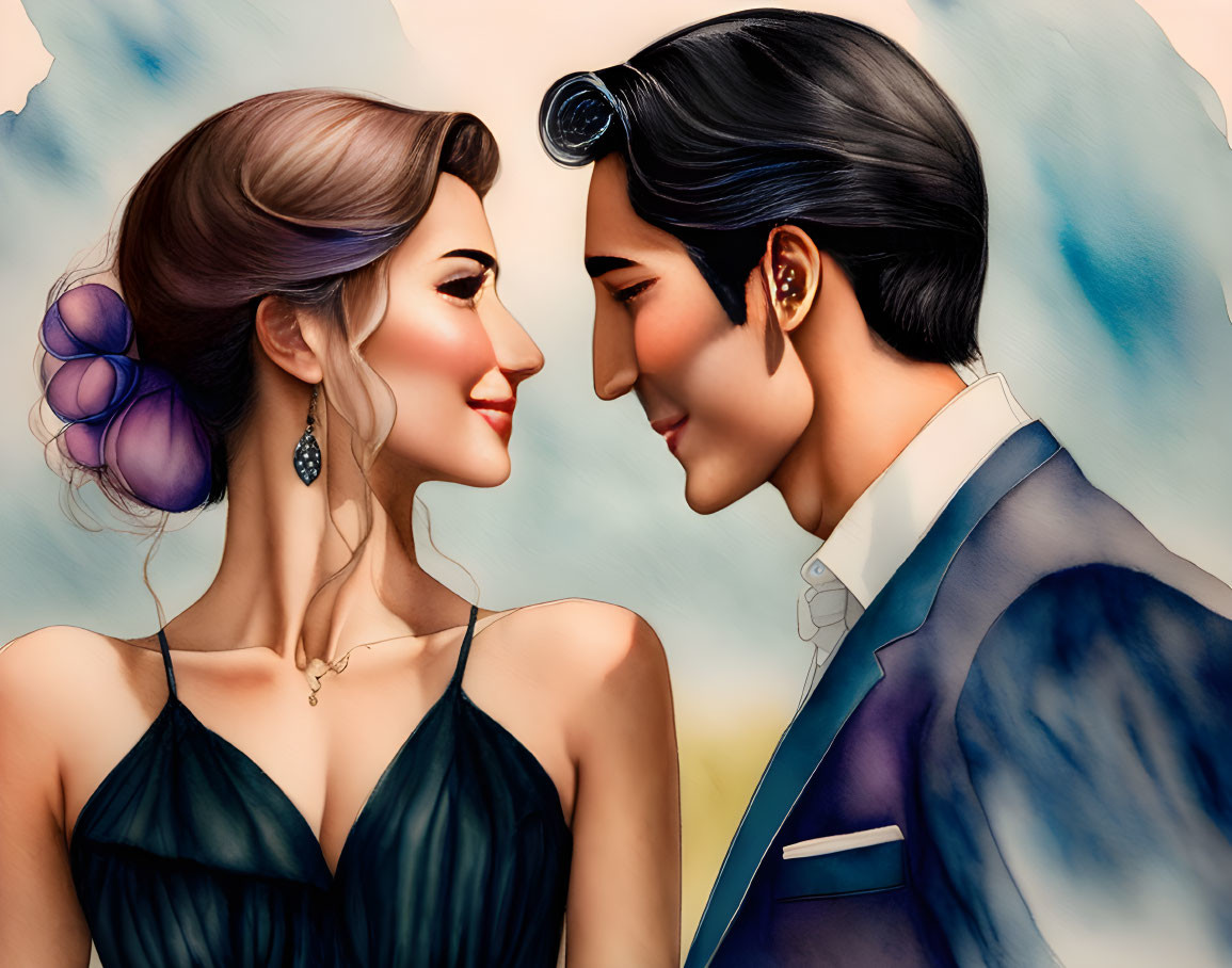 Smiling couple in black dress and blue suit with elegant hairdos