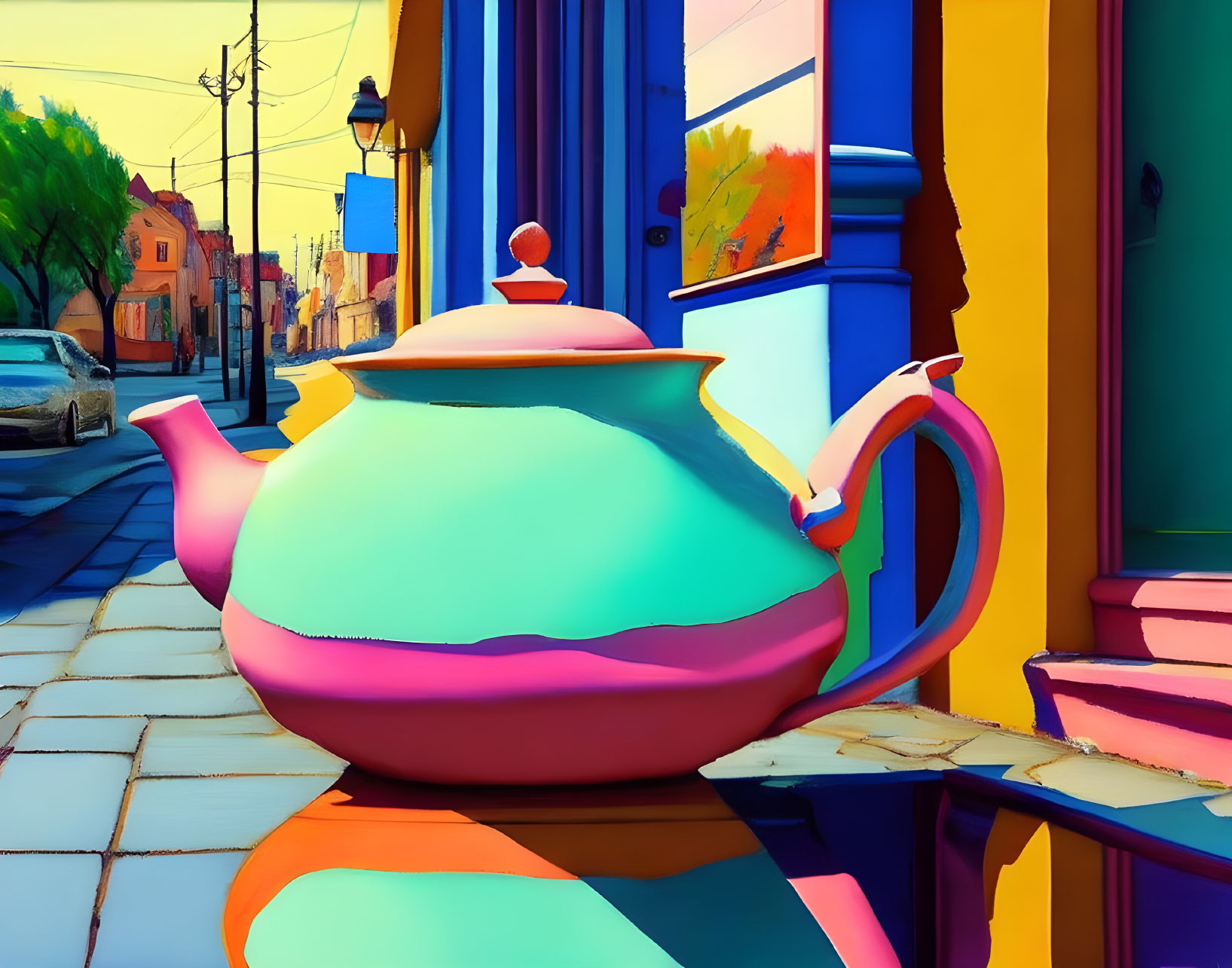 Colorful digital artwork: Oversized teapot against whimsical street scene