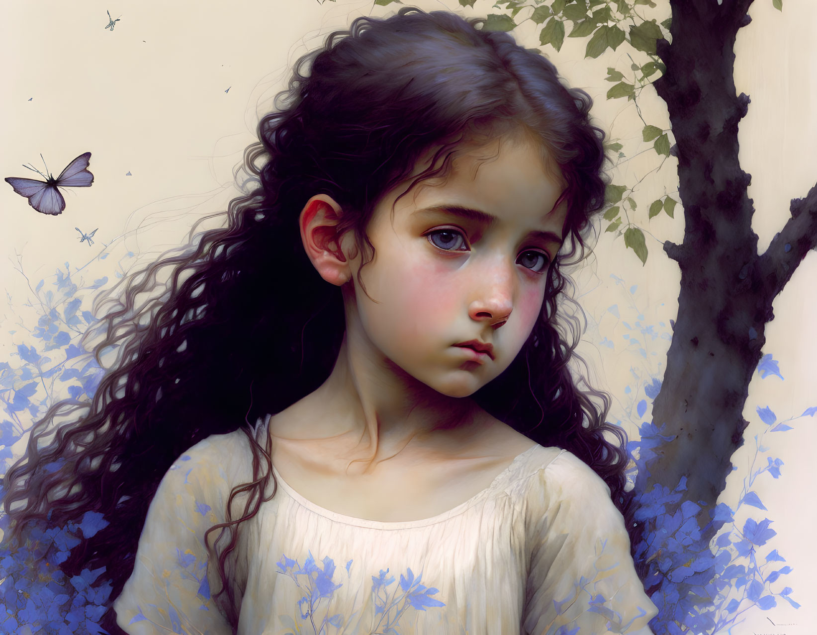 Young girl with curly hair amidst blue flowers and butterfly