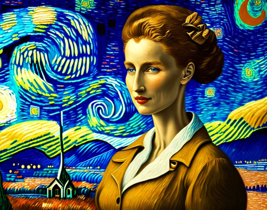 Stylized portrait with Van Gogh-inspired background.