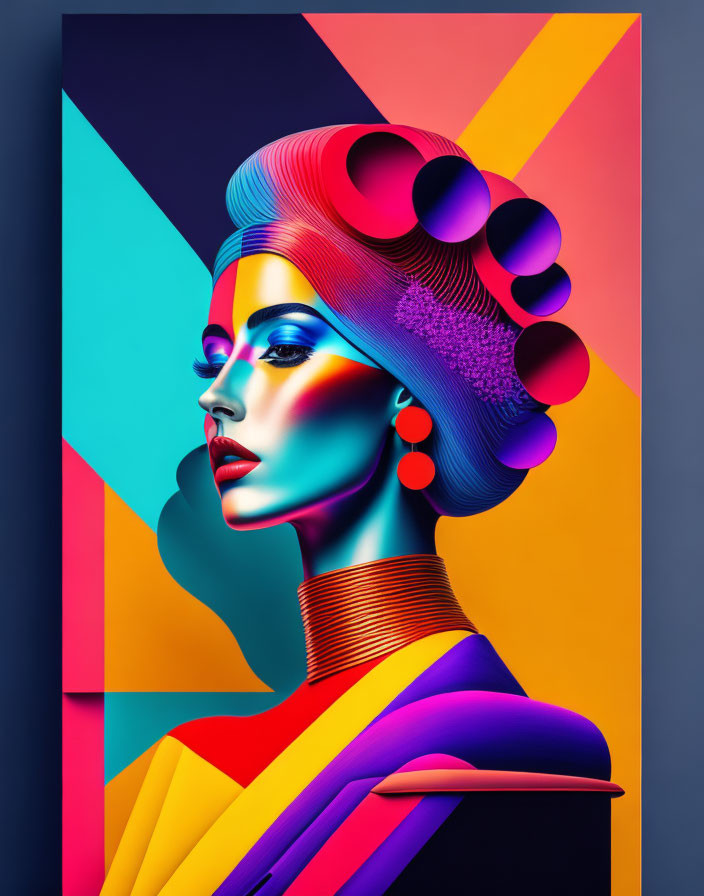 Colorful digital portrait of a woman with geometric background