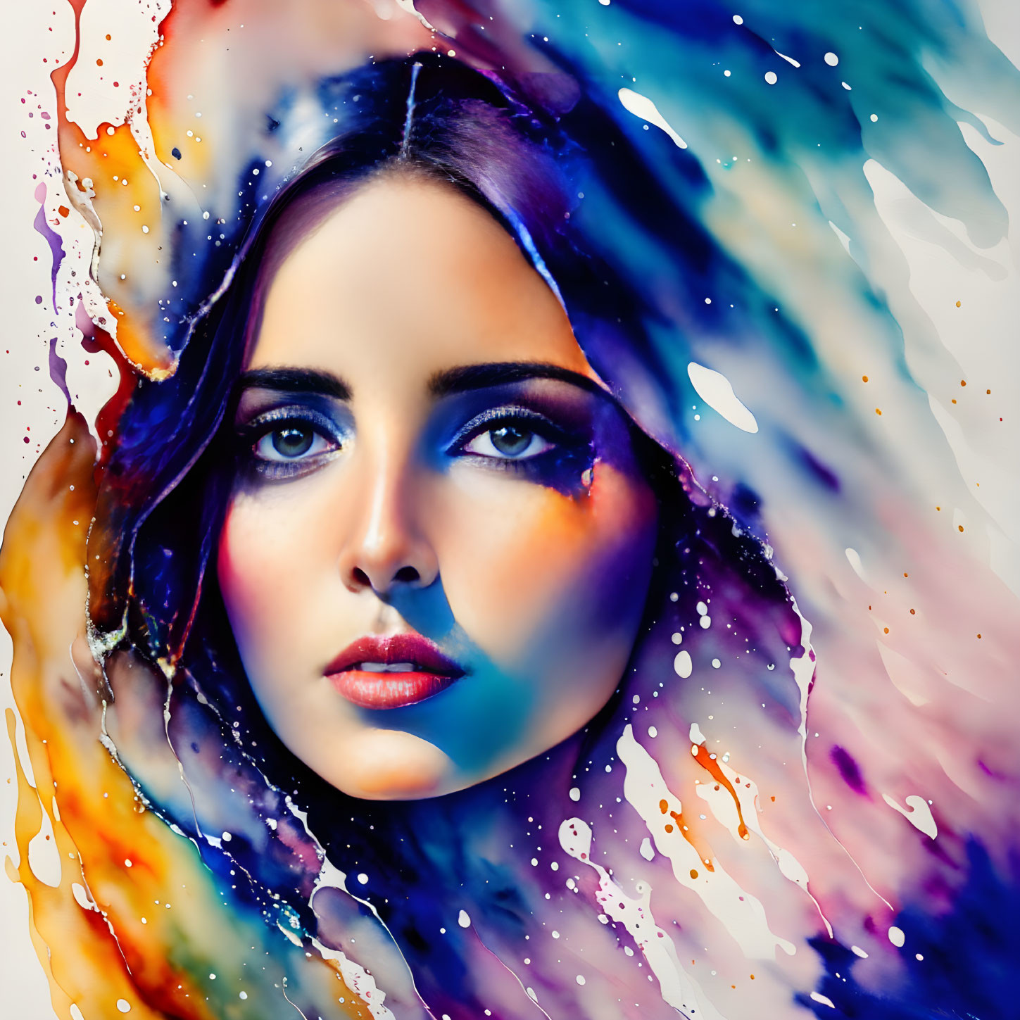 Colorful Abstract Digital Art: Woman's Portrait with Paint Effects