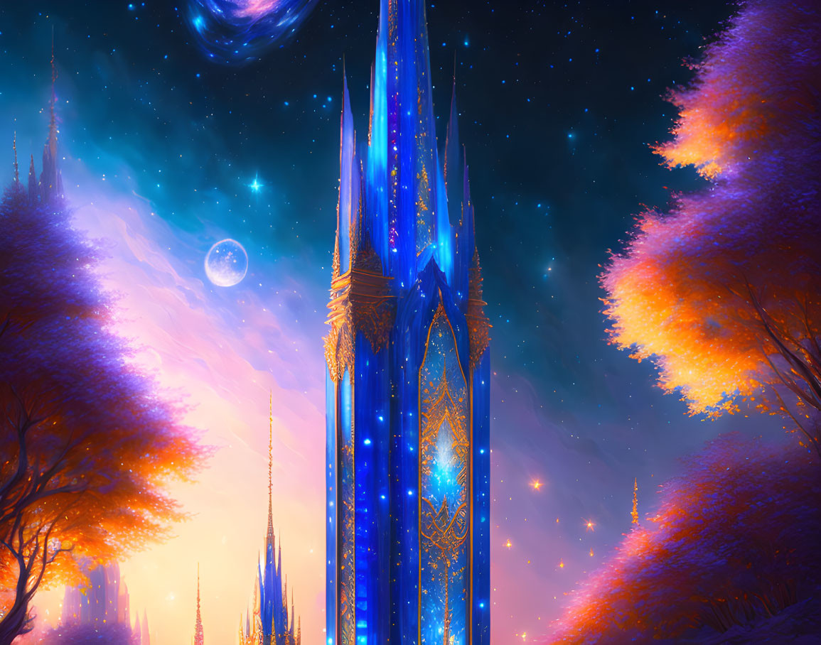 Luminous blue fantasy castle in starry night sky