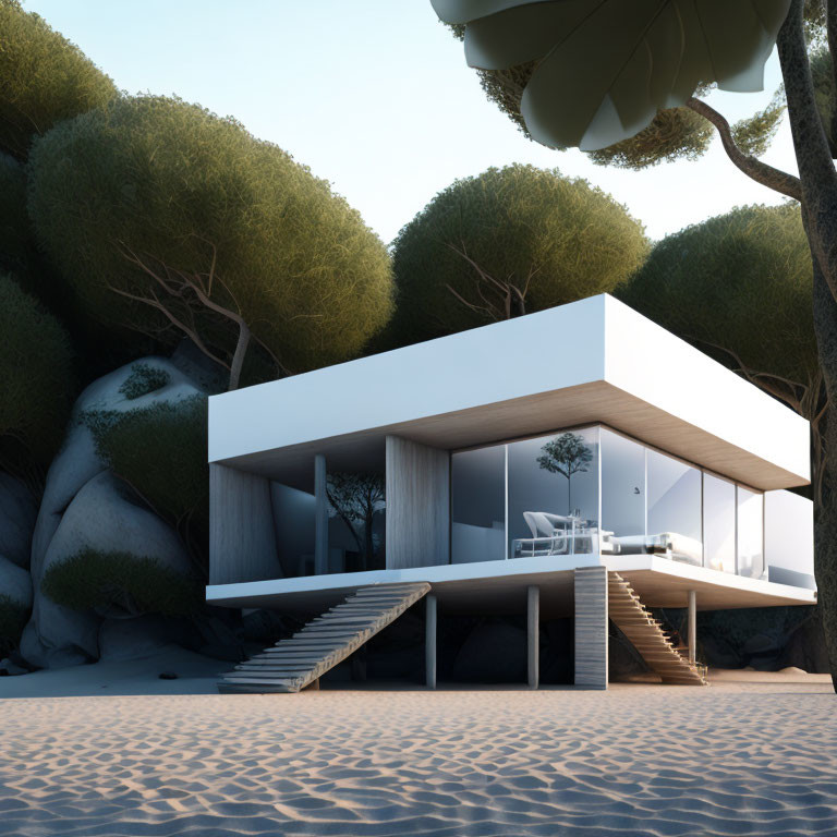 Minimalist House Design with Large Glass Windows, Elevated on Pillars, Surrounded by Trees on Sandy