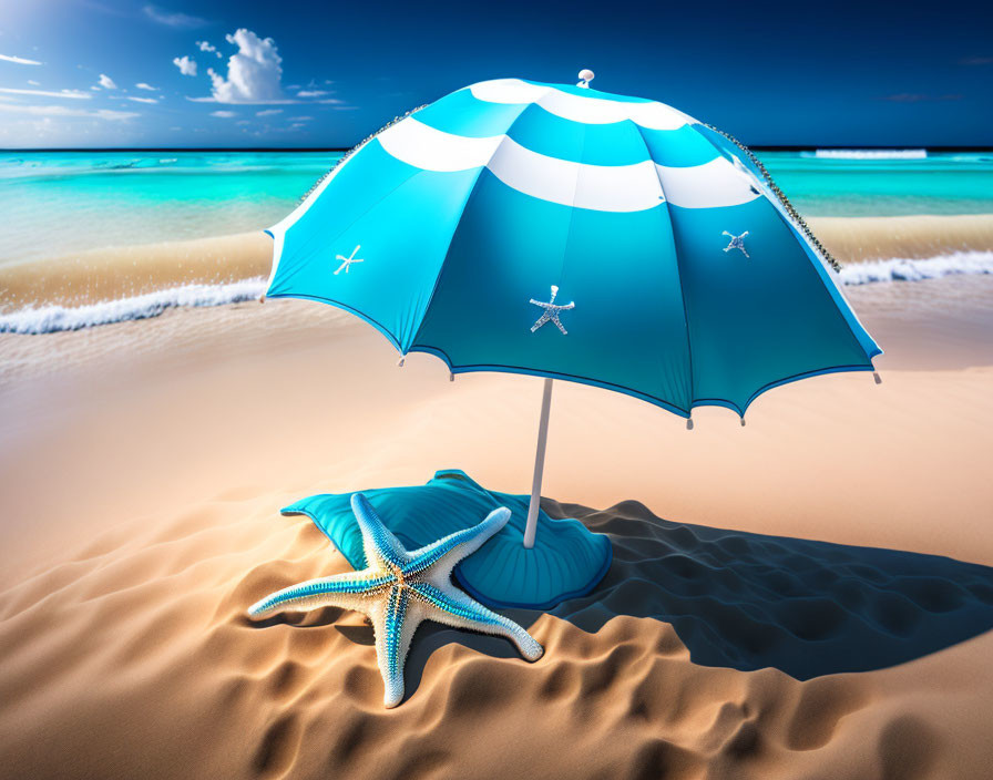 Blue and White Striped Beach Umbrella with Starfish on Sunny Beach