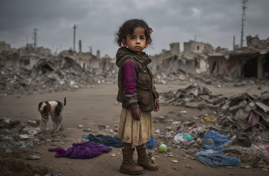 Child in devastated area with ruins and dog - scene of desolation