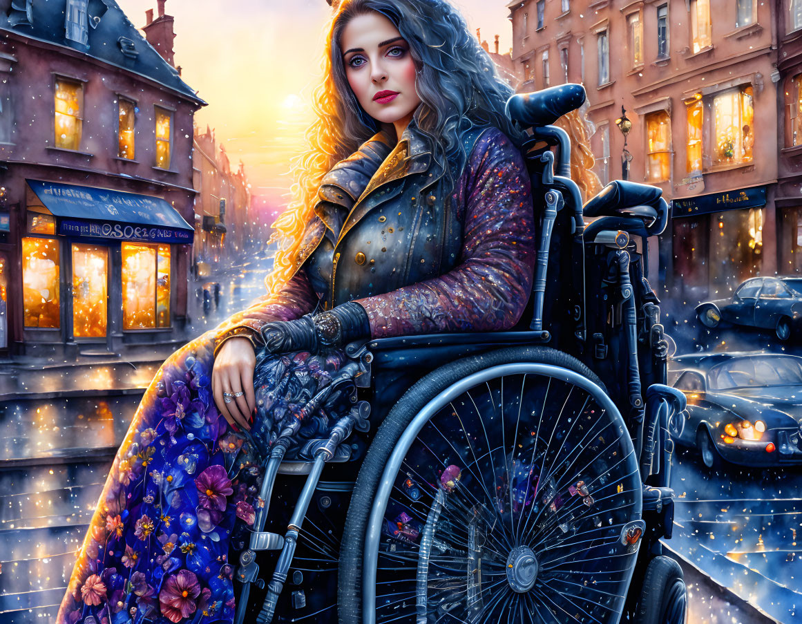 Woman in wheelchair with floral dress and leather jacket on city street at sunset